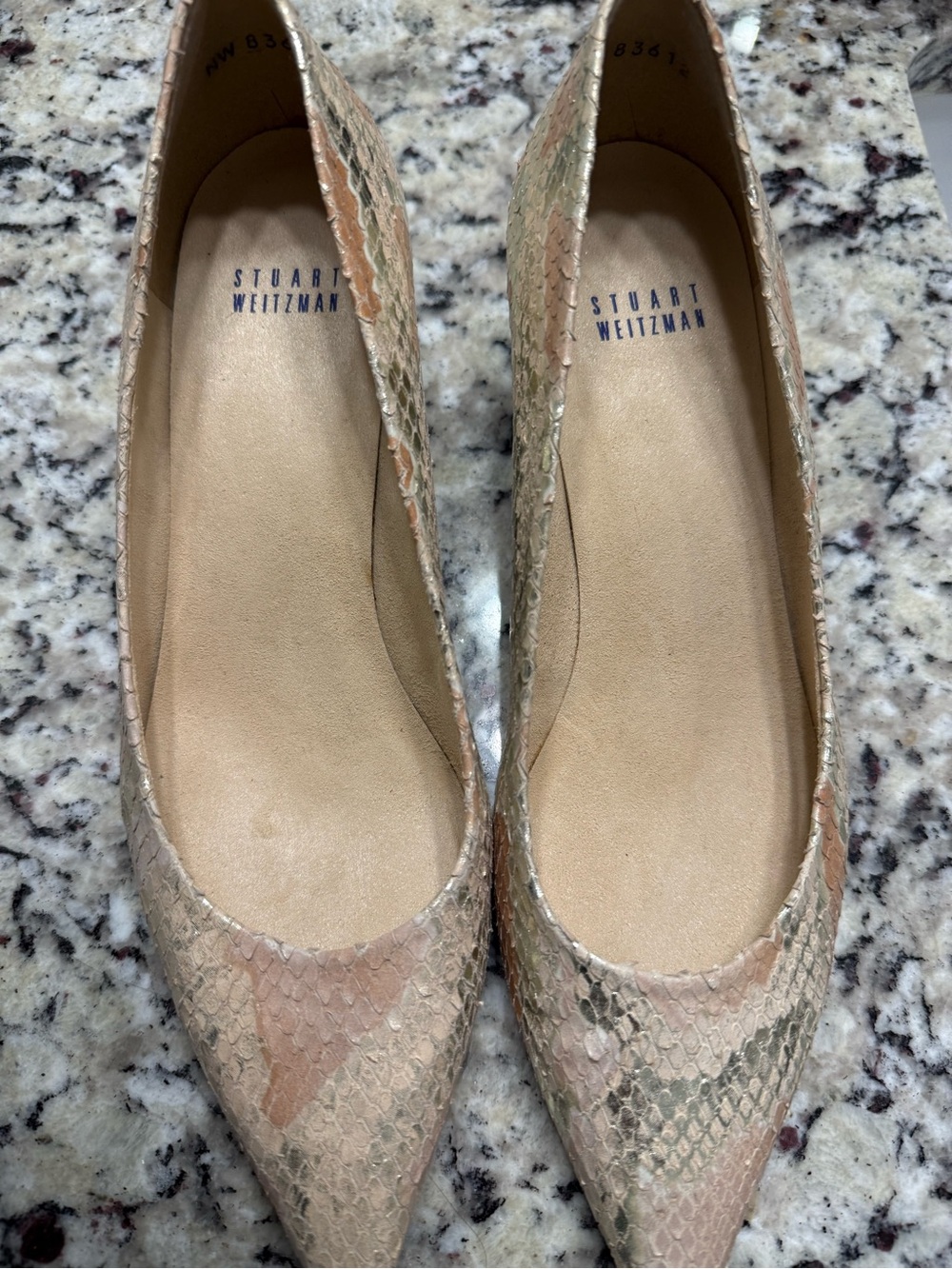 Stuart Weitzman Neutral Snake-Print Pointed Kitten Heels